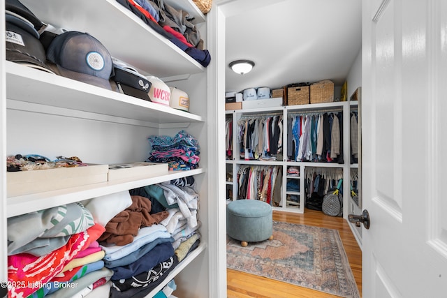 walk in closet with wood finished floors
