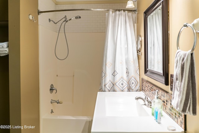 138 E Main St, Glendale, KY 42740 - bathroom featuring shower / bathtub combination with curtain, backsplash, and vanity
