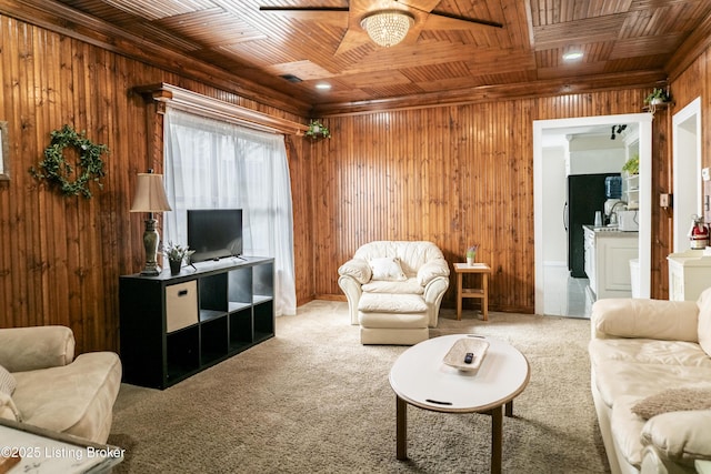 138 E Main St, Glendale, KY 42740 - carpeted living room featuring wooden walls, ceiling fan, and wooden ceiling