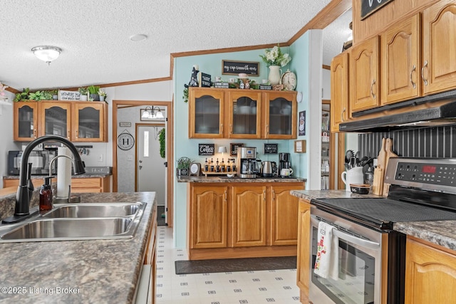kitchen featuring a textured ceiling, ornamental molding, under cabinet range hood, a sink, and electric stove
