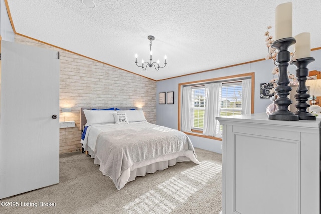 bedroom with a notable chandelier, light colored carpet, and crown molding