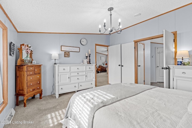 bedroom featuring crown molding, an inviting chandelier, a textured ceiling, light colored carpet, and vaulted ceiling