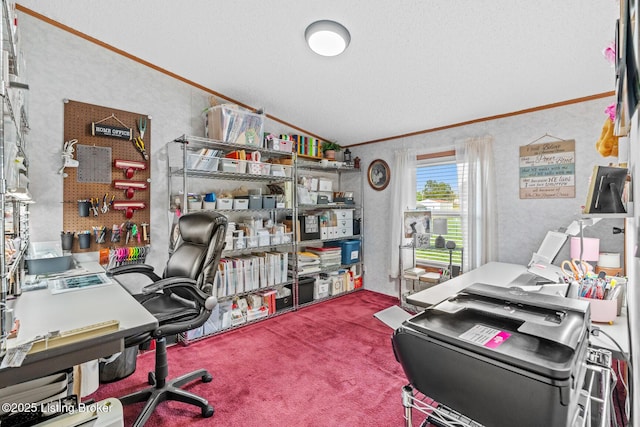 office area featuring wallpapered walls, carpet, vaulted ceiling, and ornamental molding