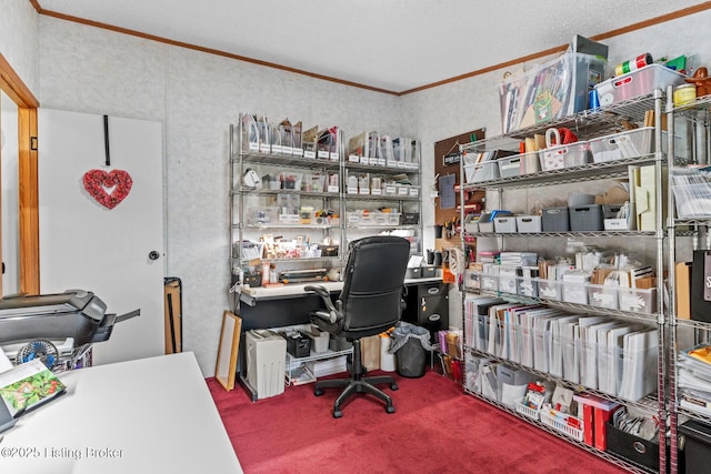 carpeted home office featuring crown molding