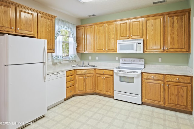 591 Arrowhead Ln, Shepherdsville, KY 40165 - kitchen featuring a sink, light countertops, white appliances, brown cabinetry, and light floors