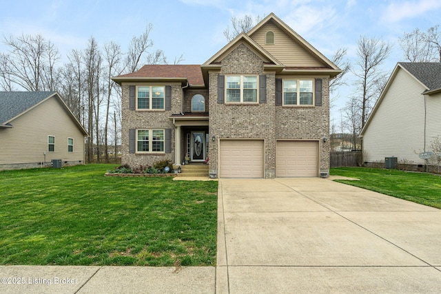 view of front of home featuring concrete driveway, a garage, central AC unit, and a front lawn