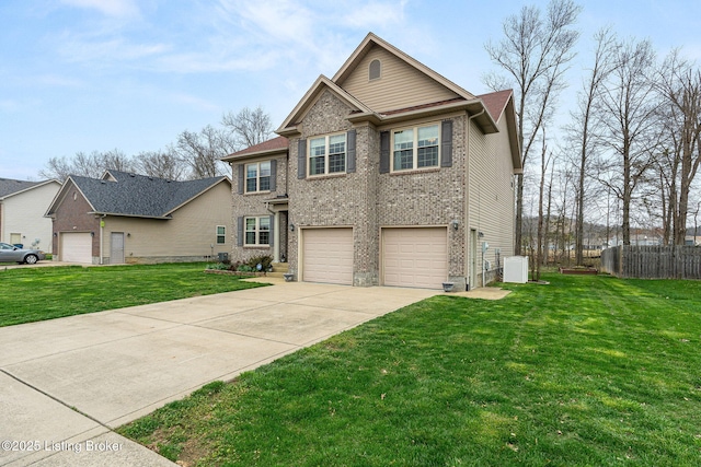 view of front of house with a garage, brick siding, driveway, and a front lawn