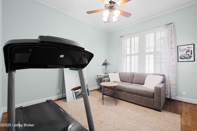 9502 Gerardia Ln, Prospect, KY 40059 - workout room featuring baseboards, crown molding, wood finished floors, and a ceiling fan