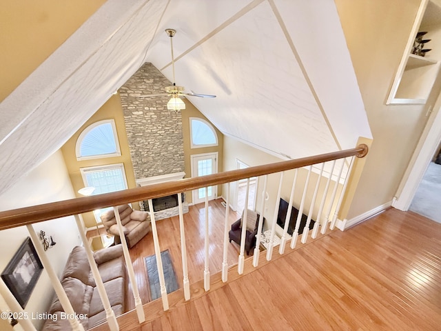 235 Ashford Dr, Mt Washington, KY 40047 - stairway with wood finished floors, ceiling fan, vaulted ceiling, and baseboards