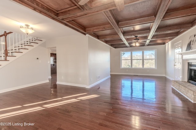1110 Clark Station Rd, Fisherville, KY 40023 - unfurnished living room featuring dark wood-style floors, baseboards, wooden ceiling, and ceiling fan