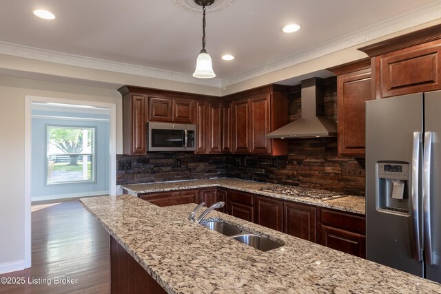 1110 Clark Station Rd, Fisherville, KY 40023 - kitchen featuring wall chimney exhaust hood, decorative light fixtures, a sink, appliances with stainless steel finishes, and light stone countertops