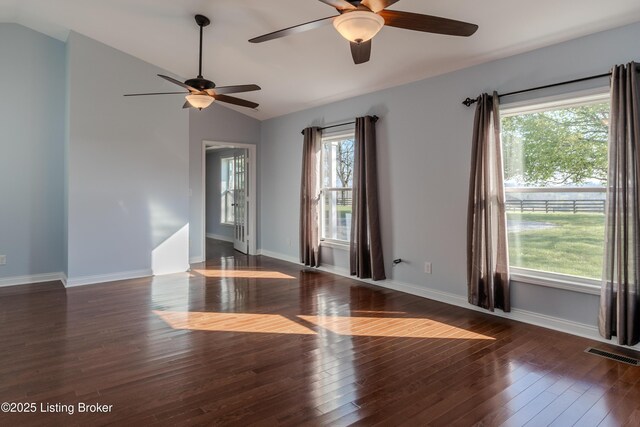 1110 Clark Station Rd, Fisherville, KY 40023 - empty room with hardwood / wood-style floors, visible vents, ceiling fan, and lofted ceiling