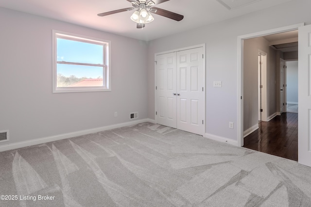1110 Clark Station Rd, Fisherville, KY 40023 - unfurnished bedroom featuring ceiling fan, a closet, visible vents, carpet flooring, and baseboards