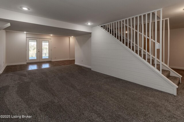 1110 Clark Station Rd, Fisherville, KY 40023 - unfurnished living room featuring recessed lighting, stairway, carpet floors, french doors, and baseboards