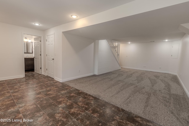 1110 Clark Station Rd, Fisherville, KY 40023 - finished basement featuring baseboards, stairway, carpet flooring, and recessed lighting