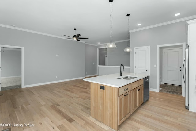 382 Williamsburg Dr, Mt Washington, KY 40047 - kitchen with a ceiling fan, stainless steel dishwasher, a sink, light wood-type flooring, and crown molding