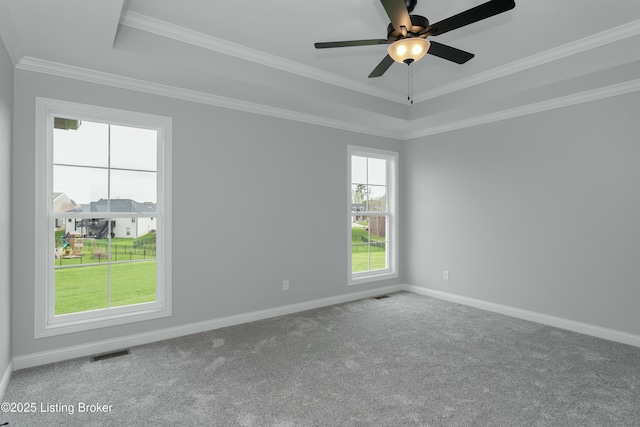 382 Williamsburg Dr, Mt Washington, KY 40047 - empty room with carpet, a raised ceiling, visible vents, baseboards, and ceiling fan