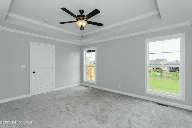 382 Williamsburg Dr, Mt Washington, KY 40047 - spare room with crown molding, ceiling fan, carpet floors, a raised ceiling, and baseboards