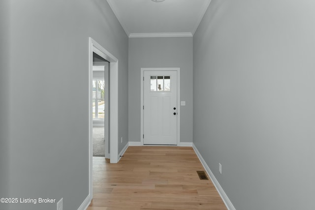 382 Williamsburg Dr, Mt Washington, KY 40047 - doorway to outside with light wood-type flooring, visible vents, crown molding, and baseboards