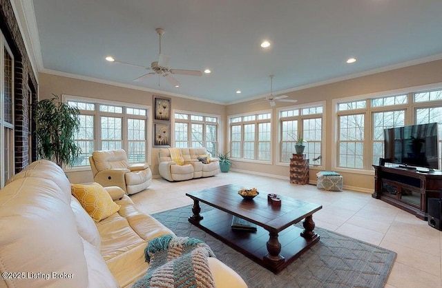 living room with light tile patterned flooring, baseboards, ceiling fan, and recessed lighting
