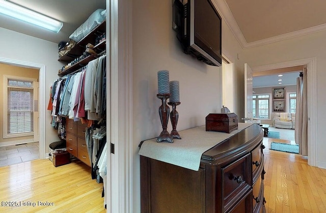 walk in closet with light wood finished floors