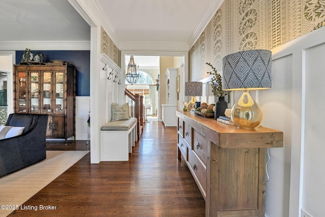 4232 Ashleywood Ct, Louisville, KY 40241 - hallway with dark wood-type flooring, crown molding, a chandelier, and wainscoting