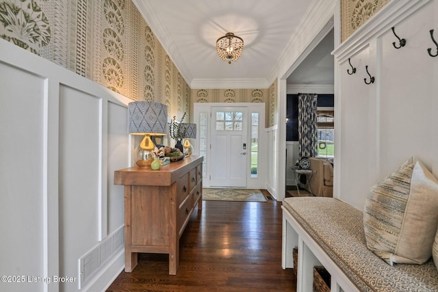 4232 Ashleywood Ct, Louisville, KY 40241 - entryway featuring visible vents, an inviting chandelier, ornamental molding, dark wood-style floors, and wallpapered walls