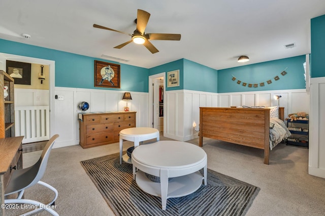 4232 Ashleywood Ct, Louisville, KY 40241 - bedroom featuring carpet floors, a wainscoted wall, ceiling fan, and visible vents