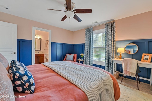4232 Ashleywood Ct, Louisville, KY 40241 - bedroom featuring carpet flooring, visible vents, ceiling fan, and wainscoting
