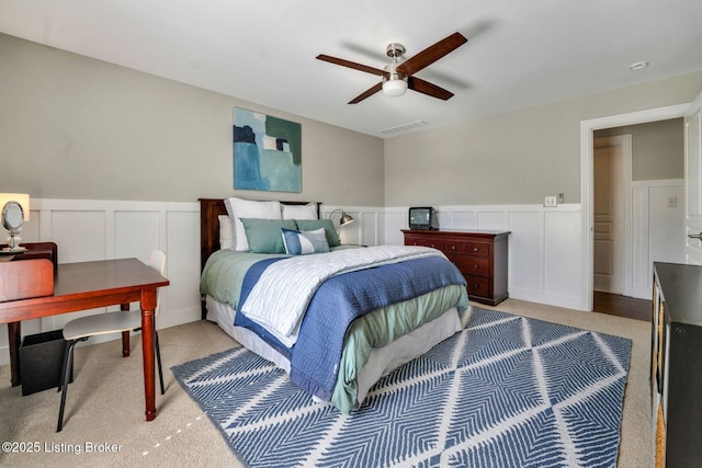 4232 Ashleywood Ct, Louisville, KY 40241 - bedroom featuring visible vents, ceiling fan, a wainscoted wall, and light carpet