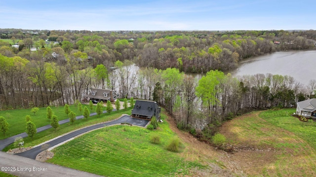 bird's eye view with a water view and a view of trees
