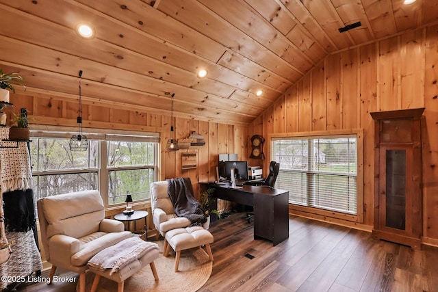 office space with recessed lighting, wood walls, hardwood / wood-style floors, lofted ceiling, and wooden ceiling
