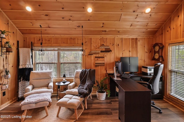 office space featuring wooden ceiling, dark wood finished floors, and vaulted ceiling