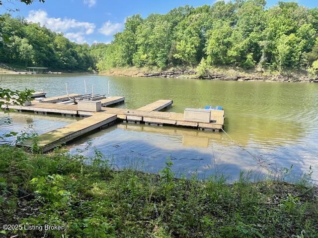 dock area featuring a water view and a wooded view