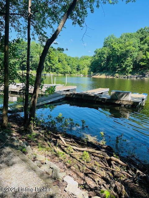 view of dock featuring a water view and a forest view
