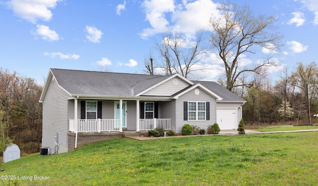 single story home featuring a porch, a shingled roof, a garage, and a front lawn