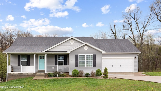 ranch-style house with covered porch, roof with shingles, a front yard, a garage, and concrete driveway