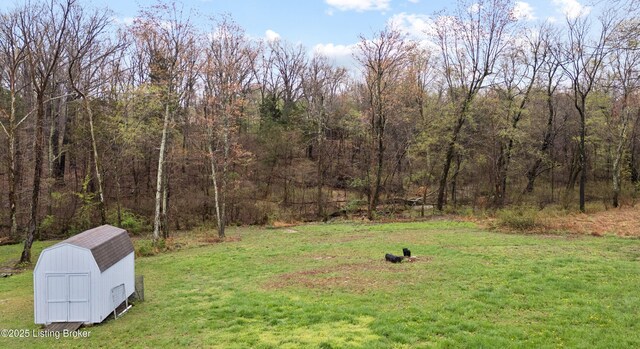 view of yard featuring a storage shed, an outdoor structure, and a wooded view