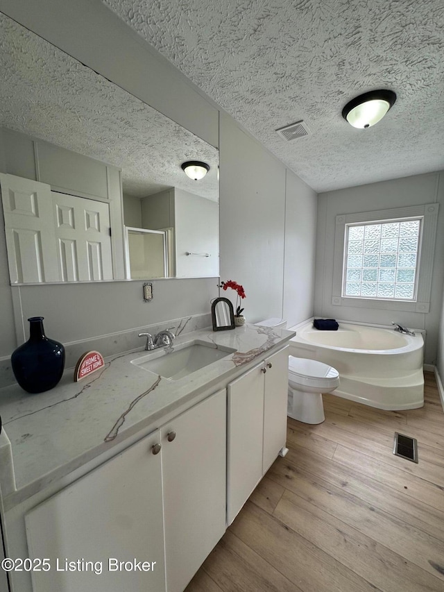 490 Blackjack Rd, Radcliff, KY 40160 - bathroom with a textured ceiling, wood finished floors, vanity, a stall shower, and a garden tub