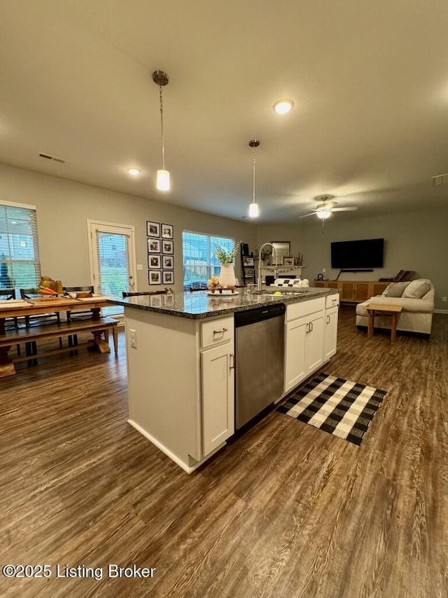 117 Richwood Cir, Georgetown, KY 40324 - kitchen featuring stainless steel dishwasher, open floor plan, dark wood-style flooring, white cabinetry, and recessed lighting