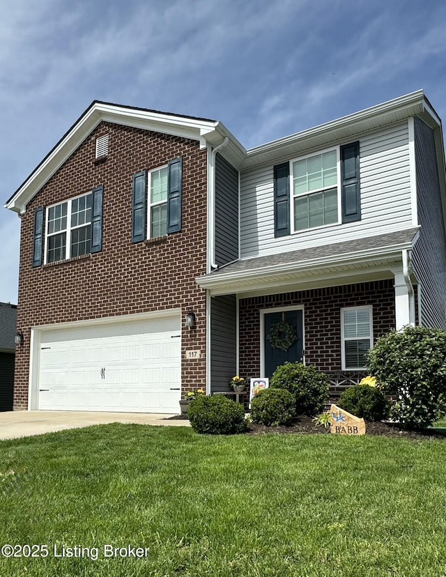 117 Richwood Cir, Georgetown, KY 40324 - traditional-style home featuring brick siding, an attached garage, a front lawn, and driveway