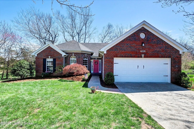 view of front of home with a front yard, brick siding, driveway, and an attached garage
