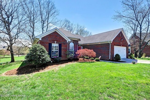 ranch-style home with concrete driveway, brick siding, a front lawn, and an attached garage