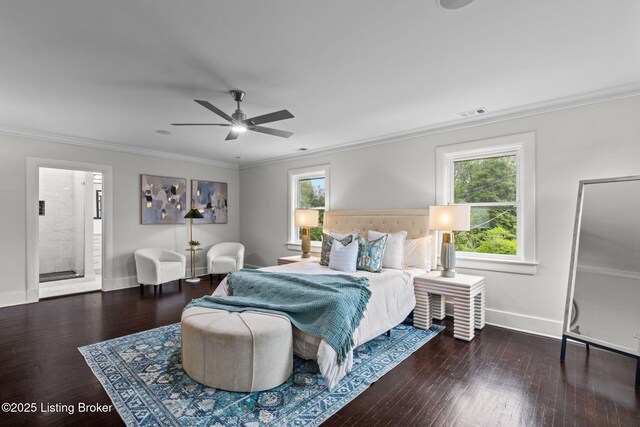 bedroom with multiple windows, baseboards, ornamental molding, and wood finished floors