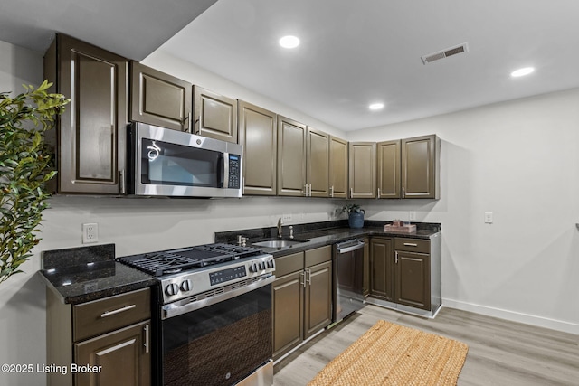 kitchen featuring light wood-style flooring, a sink, visible vents, and stainless steel appliances