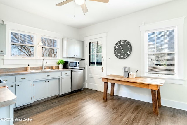 kitchen featuring dark wood-type flooring, ceiling fan, a sink, and appliances with stainless steel finishes