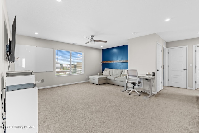 living room featuring recessed lighting, carpet flooring, baseboards, and ceiling fan
