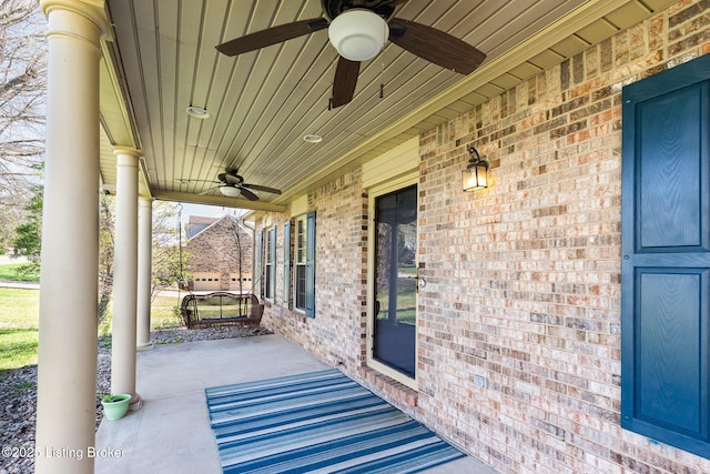 view of patio / terrace with a ceiling fan and covered porch