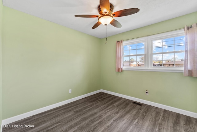 6201 Manse Dr, Louisville, KY 40258 - spare room featuring visible vents, baseboards, ceiling fan, and dark wood finished floors