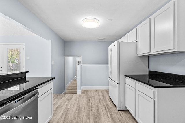 8006 Bramble Ln, Louisville, KY 40258 - kitchen with light wood-style flooring, white cabinetry, dishwasher, and baseboards